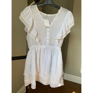 MAISIE Women's White Navy Polka Dot Tiered Ruffle Sleeve Dress Size L